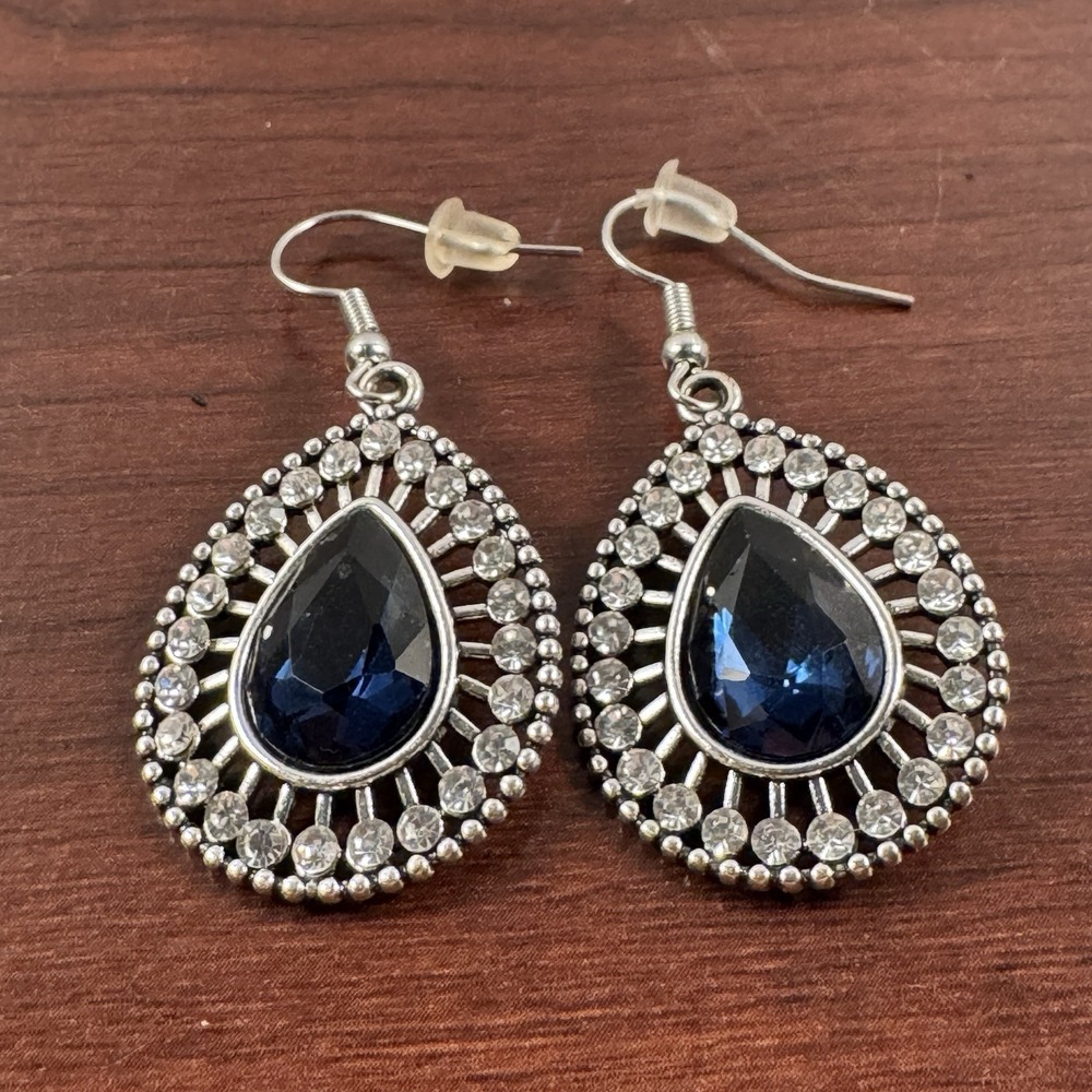 Silver-Tone Blue Teardrop Halo Crystal Dangle 2” Drop Hook Earrings Lobe